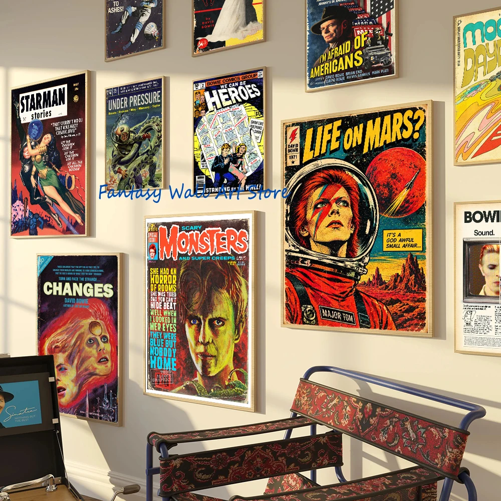 Retro Singer D-David B-Bowie Comic Retro Poster Canvas Printing Fans Home Room Wall Art Bar Cafe Vintage B-Bowie Wall Decor Pic