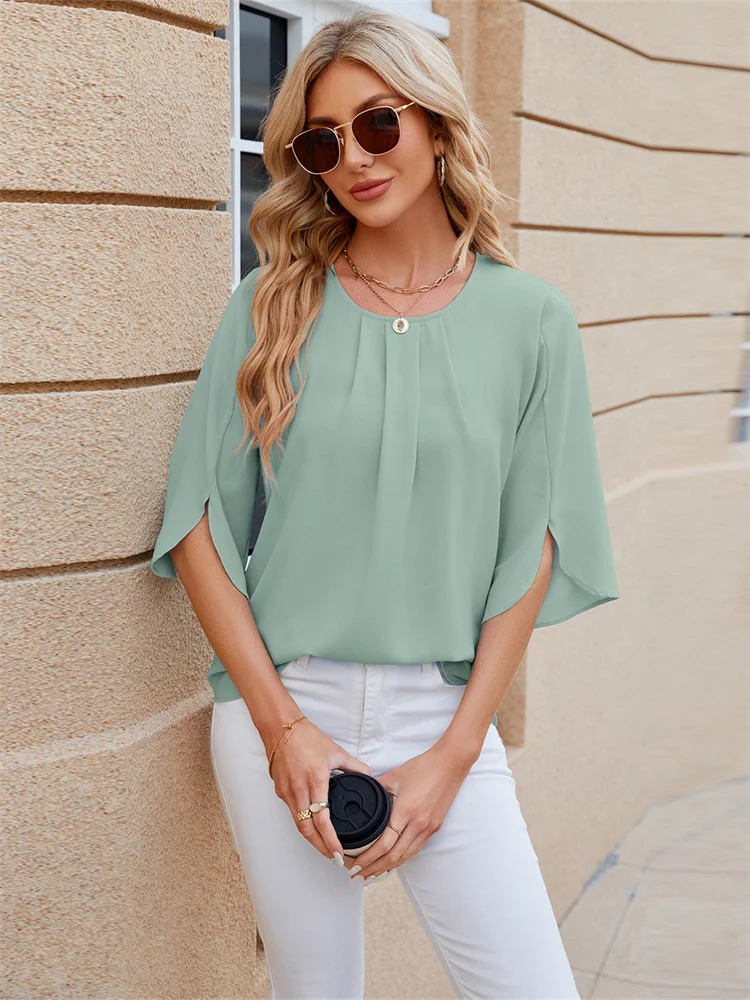 Women Spring Summer Style Blouses Shirts lady Casual Half Sleeve O-Neck Loose Green color Blusas Tops DF5005