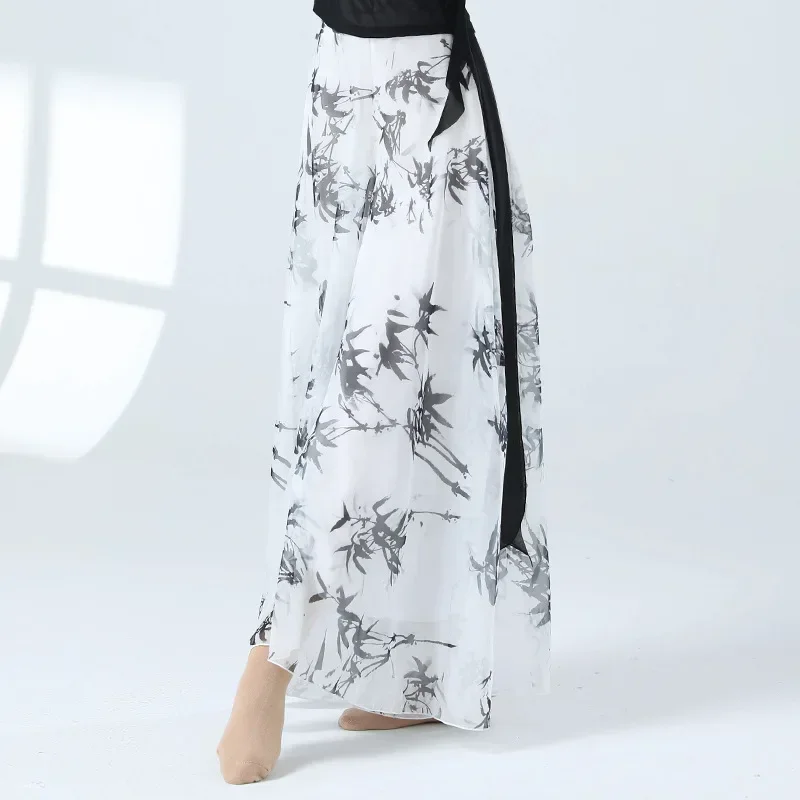 Chinese Classical Dance Pants Women's Loose Performance Dancewear Bamboo Leaf Ink Printing Clothing Practice Broad-leg Culottes