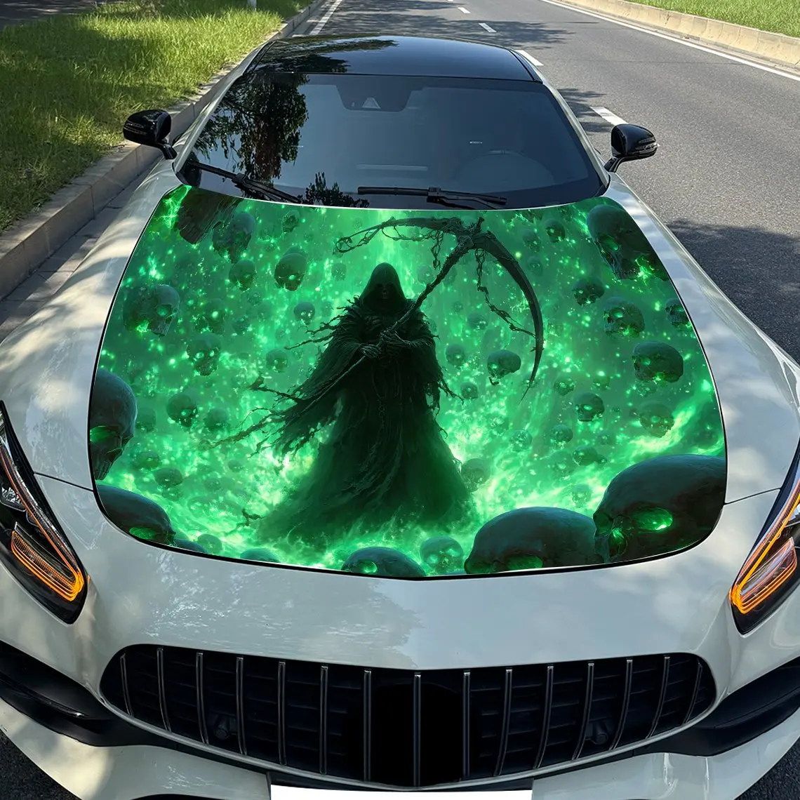 Green Robe Skeleton Car Hood Wrap-Durable,Waterproof,And UV-Resistant PVC Sticker For Trucks,SUV,And Boats With Easy Installatio