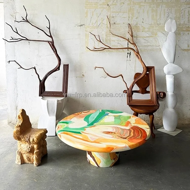 ✿q Graffiti Creative Round Coffee Table Light Luxury Fiberglass Table Hotel Model Room Living Room Corner Table Decorations