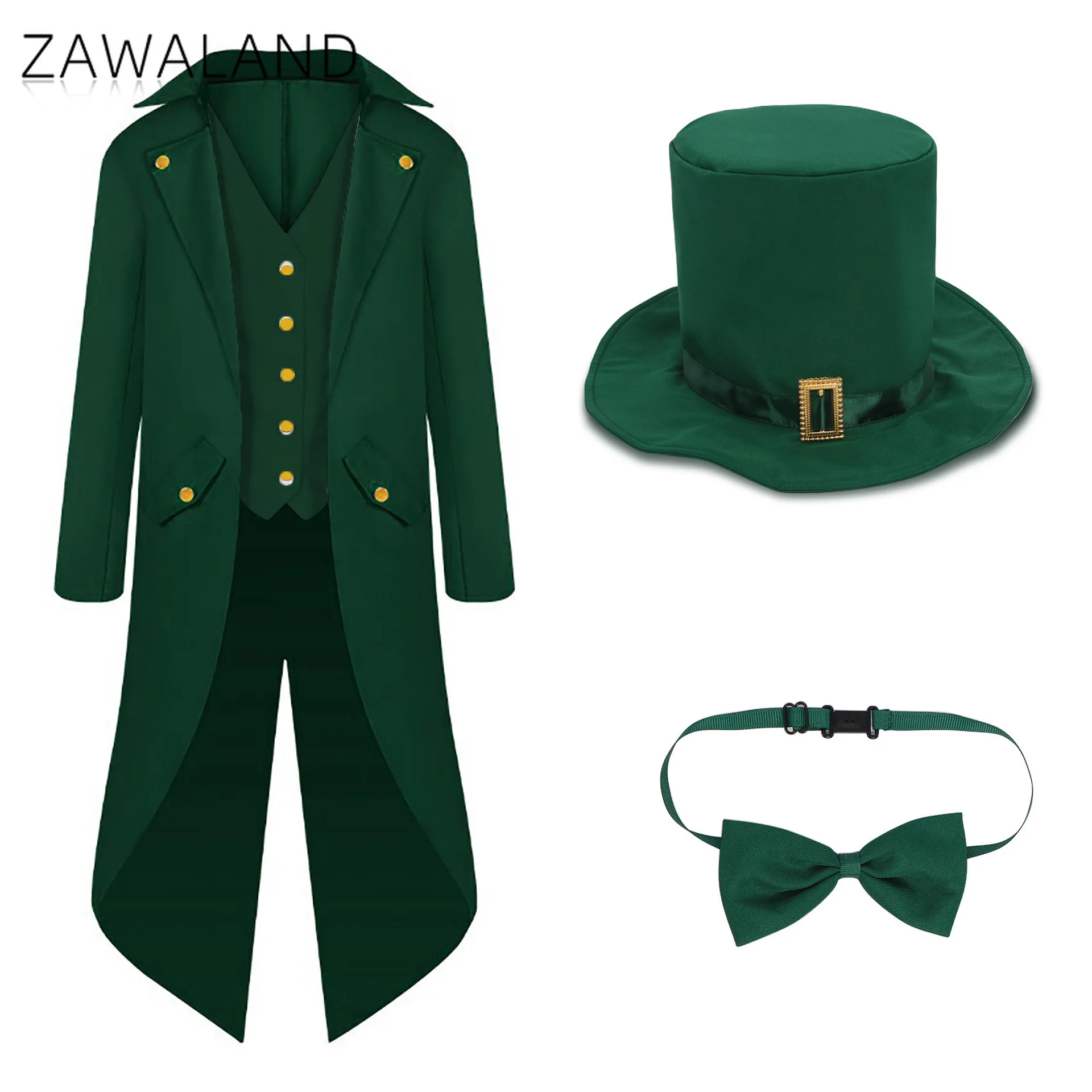 Donkergroene Slipjas St.Patrick's Day Goochelaar Cosplay Kostuum Voor Volwassen Dirigeerkleding Stage Performance Set Carnaval Hoge Hoed