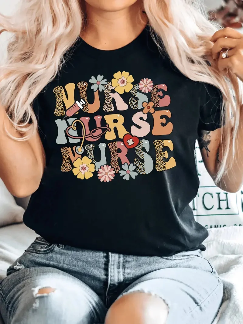 2024 New Flower Pattern And Nurse Letter Printed T-shirt Summer Leisure Comfortable Round Neck Top Nurse\'s Day