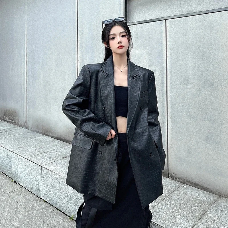 Cappotto blazer in pelle PU nera di alta qualità da donna nuova giacca da abito in ecopelle da donna con temperamento allentato coreano primavera autunno