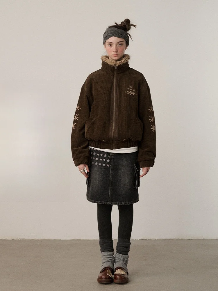 

Achihara Thiened Cotton Jaet Women's Winter Outerwear Corduroy Upperwear Coat Long Sve Zipper Closure Color