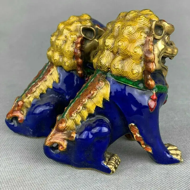 الصين فنغشوي مصوغة بطريقة المينا البرونزية فو فو الكلب الحرس الأسد تمثال زوج #4