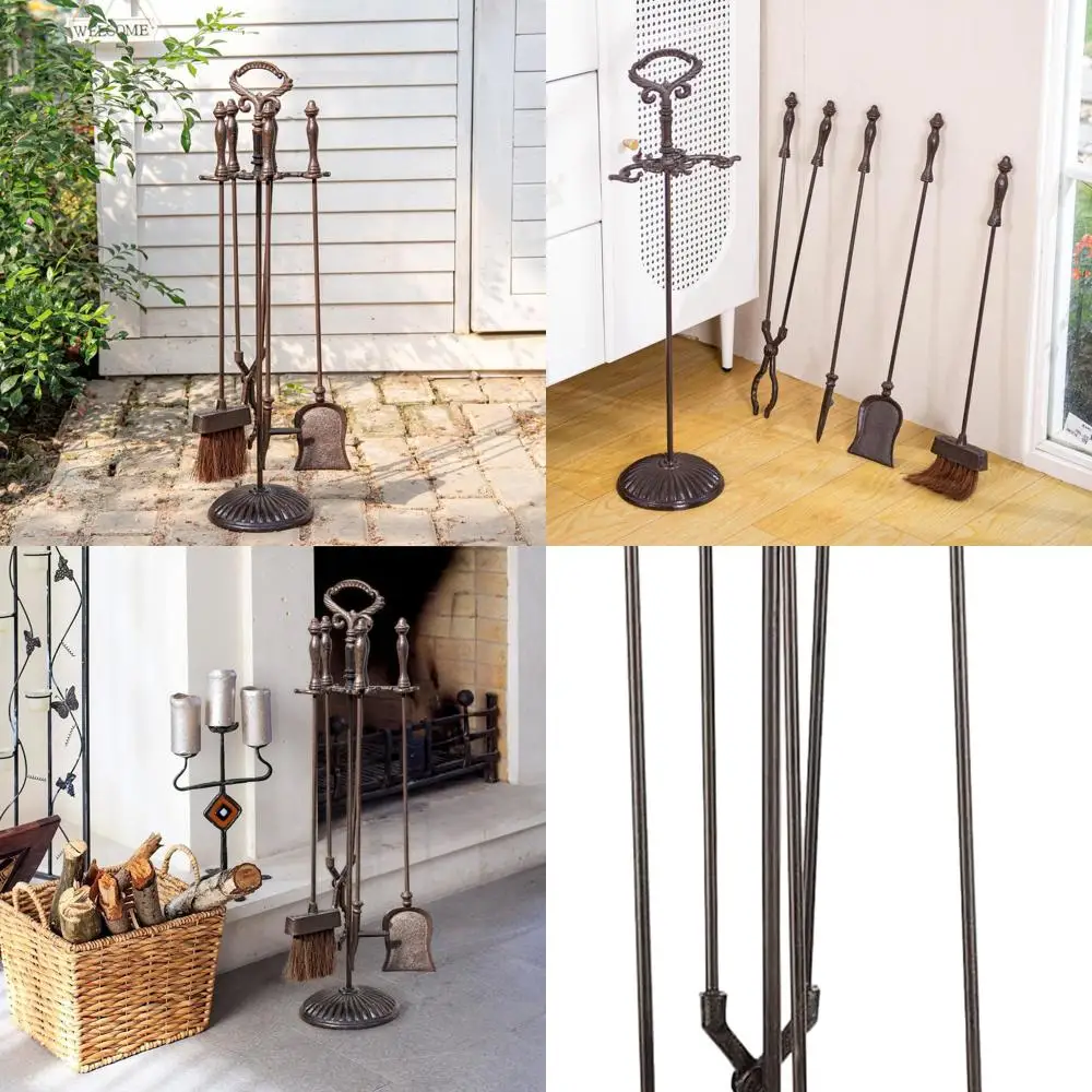 

Rustic Brown 5-Piece Cast Iron Fireplace Tool Set with Stand - Includes Tongs, Shovel, Poker, Brush