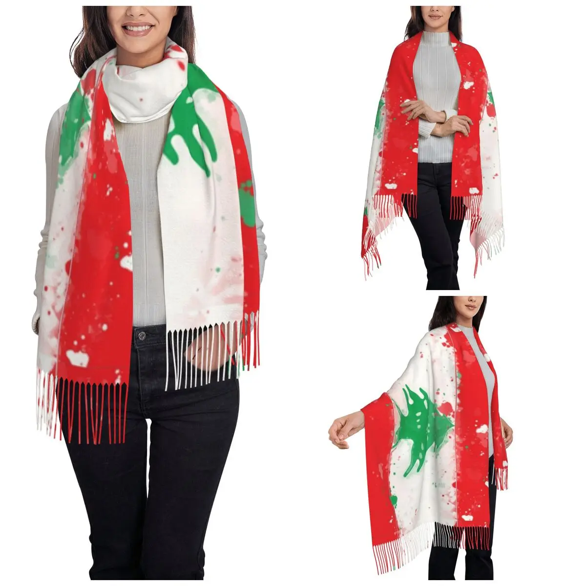 Womens Tassel Scarf Lebanon Grunge Flag Large Winter Warm Shawl and Wrap Daily Wear Cashmere Scarf