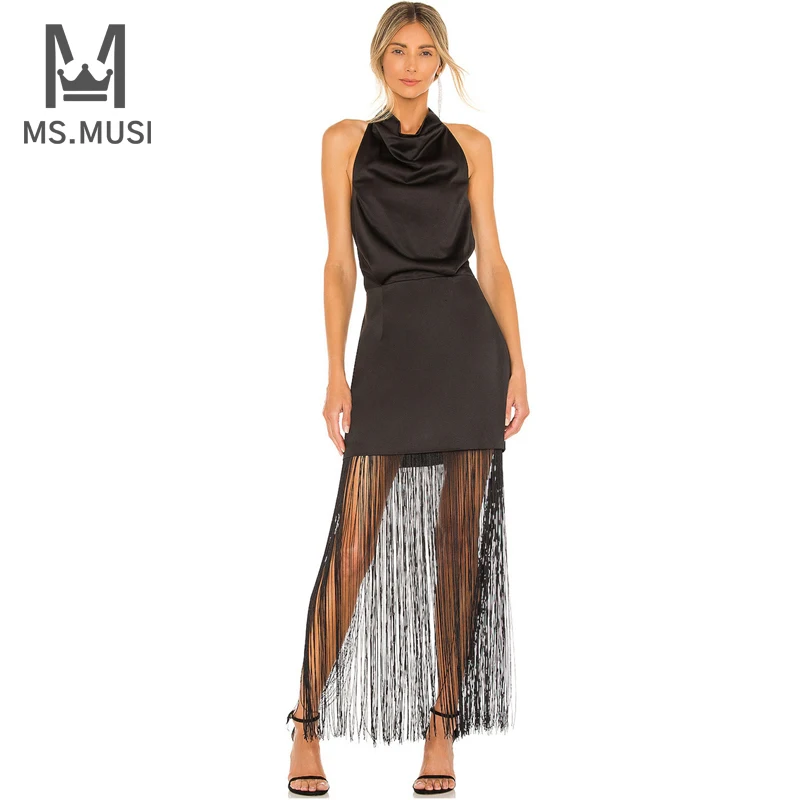 MSMUSI 2024 New Fashion Women Sexy Black Halter Sleeveless Backless Tassels Bodycon Party Club Mini Dress Celebrate Vestidos