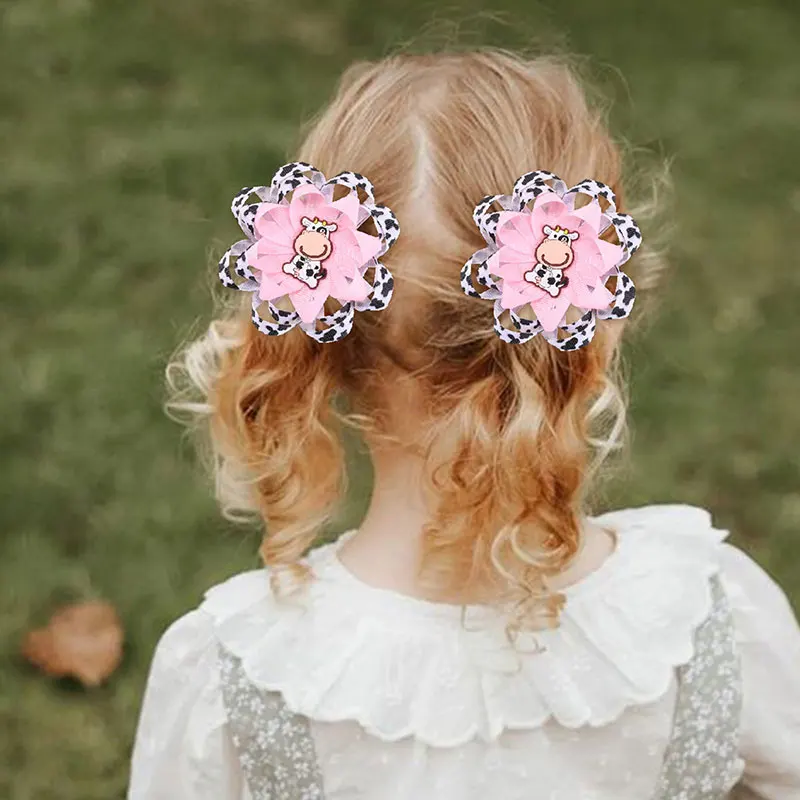 2Pcs Cute Cow Hairpins For Kids Sweet Ribbon Print Baseball Hair Clips Boutique Flower Barrettes Headwear Kids Hair Accessories