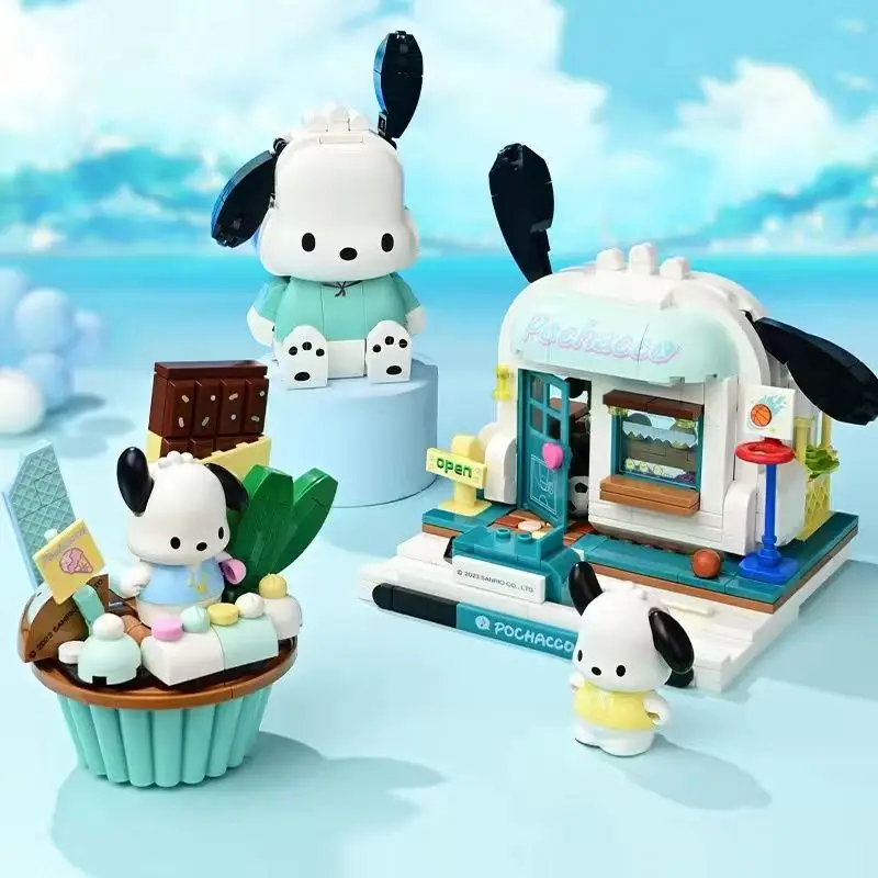 Sanrio Pochacco Cake Cup Building Blocks Pochacco Sports House Street View Model Bricks Desktop Display Toys Kids Hoilday Gifts