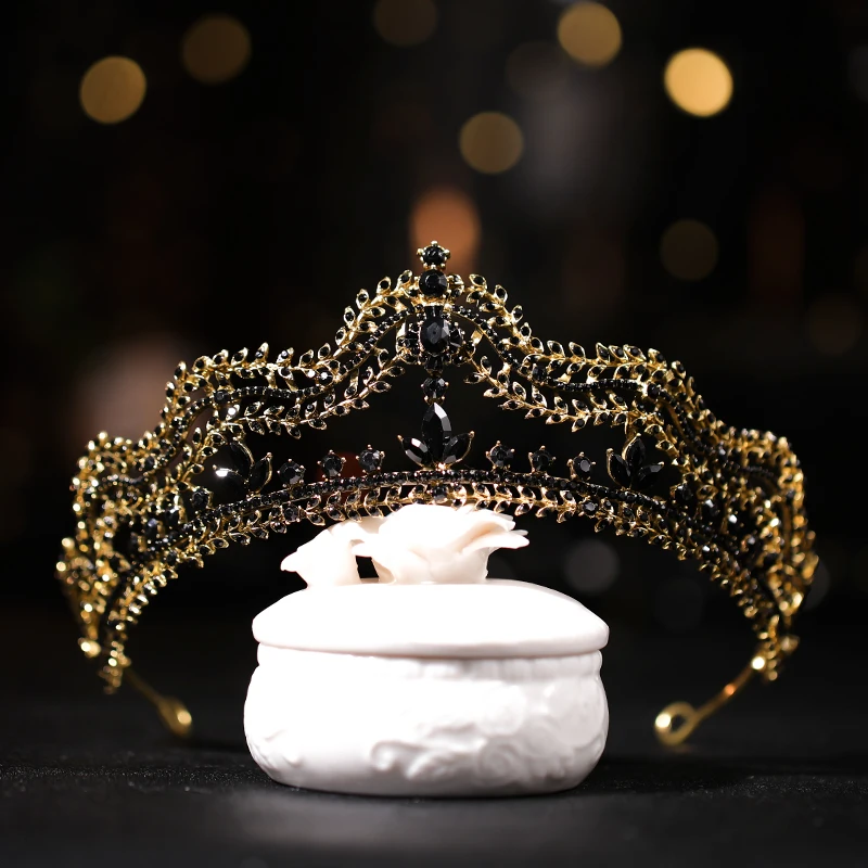 Baroque Retro Black Luxury Bridal Crystal Tiaras Crowns Princess Queen Pageant Prom Rhinestone Veil Tiara Wedding Hair Accessory