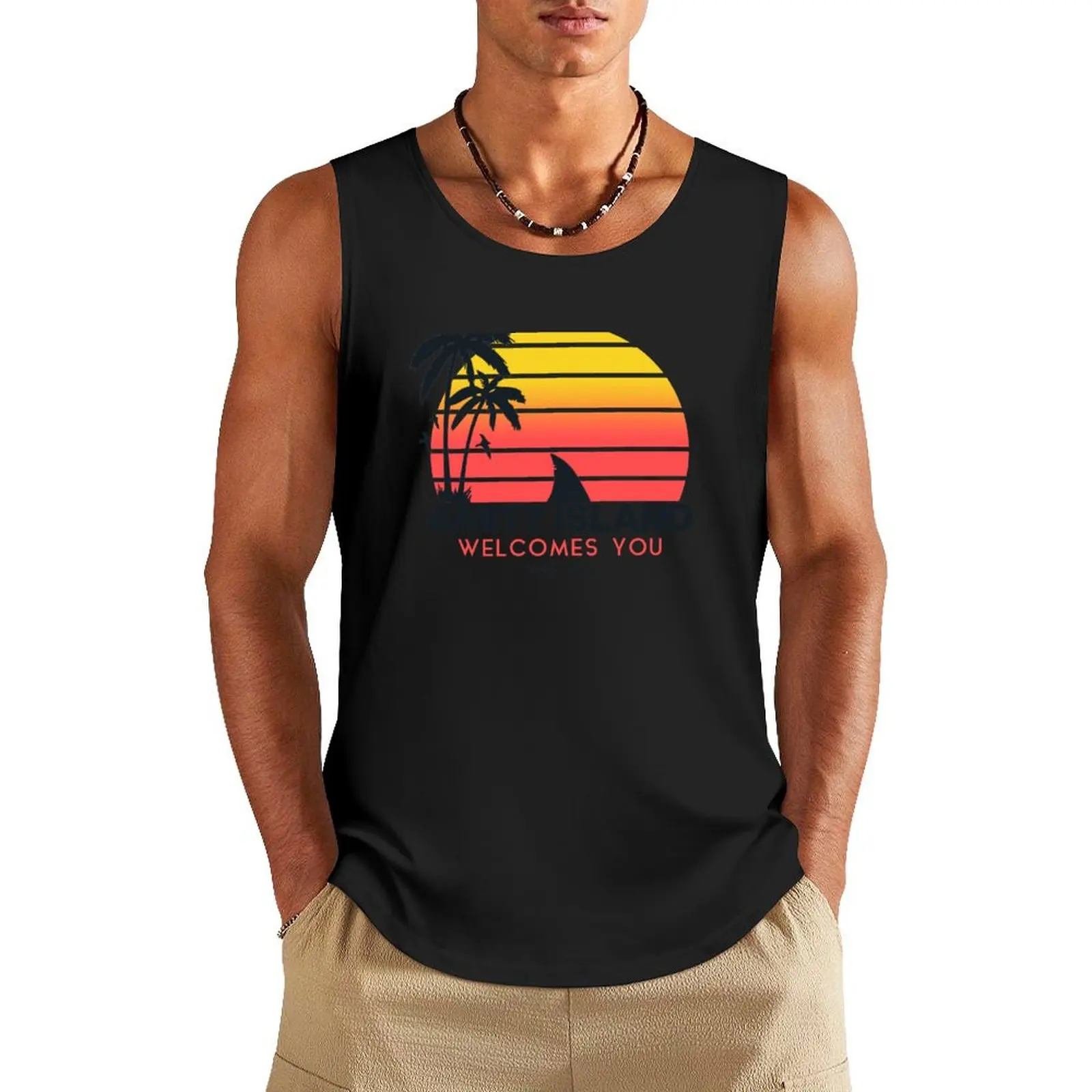 

Jaws movie Amity Island welcomes you. Birthday party gifts. Officially licensed merch. Tank Top bodybuilding men