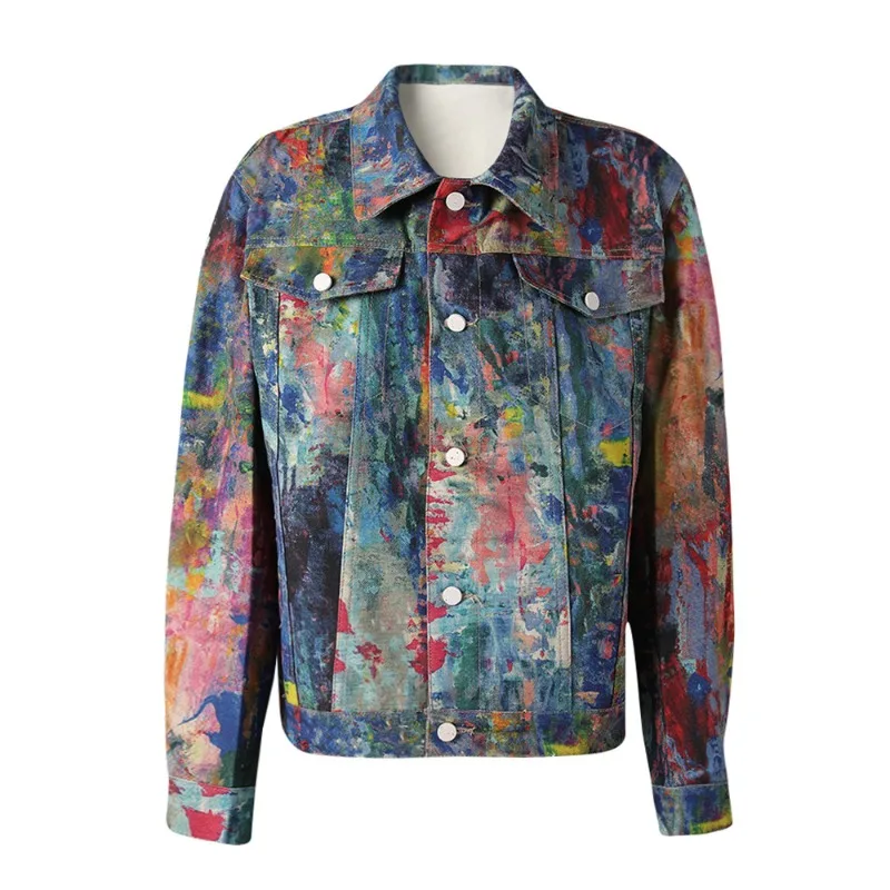 

Индивидуальный дизайн, красочные граффити, картина маслом, джинсовое пальто, мужские однобортные свободные топы с лацканами, модные мужские куртки с принтом