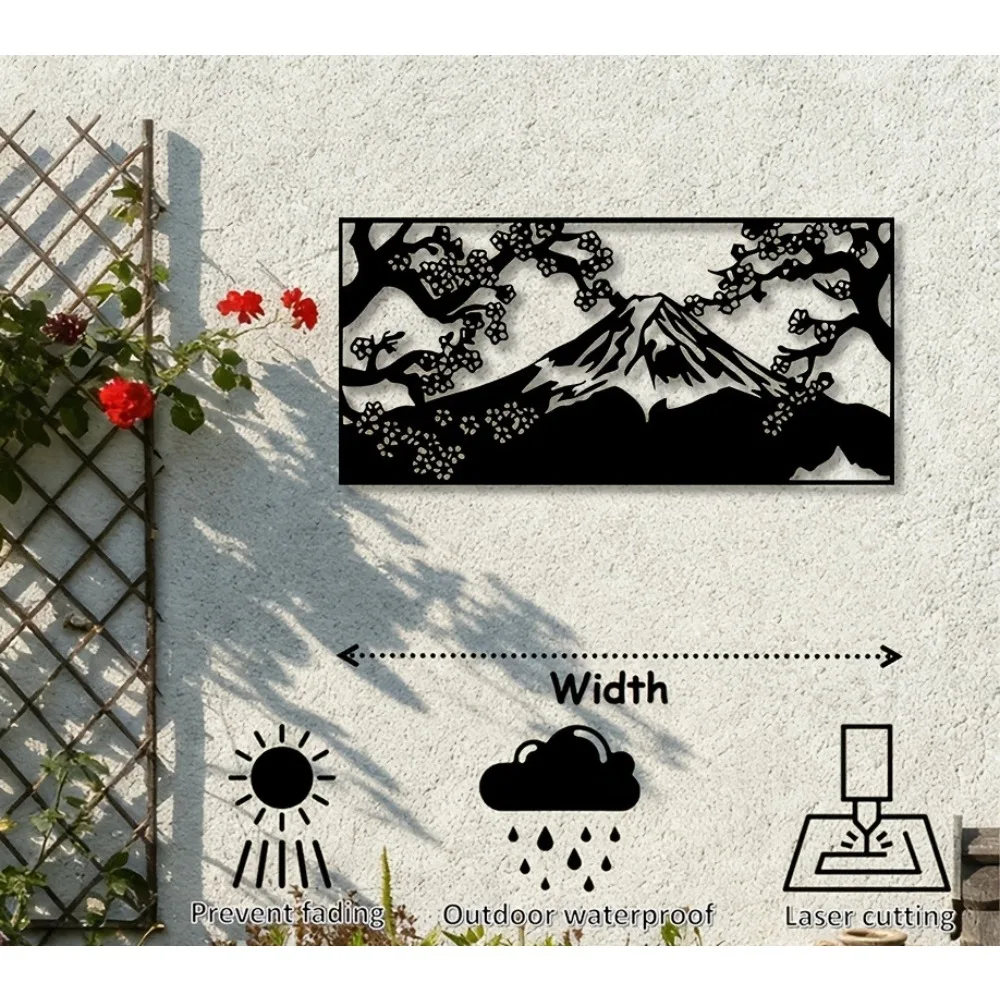BrandName Mount Fuji Cherry Blossom Iron Metal Wall Art, Modern 2D Sculpture Decor for Home & Office