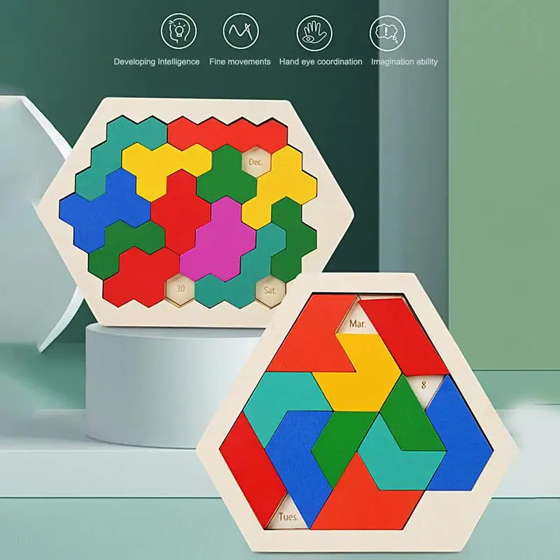 

Educational Toys For Children Kids Brain Teaser Puzzles Challenge Toy Hexagonal Wooden Puzzles Tangram Geometry Logic IQ Games