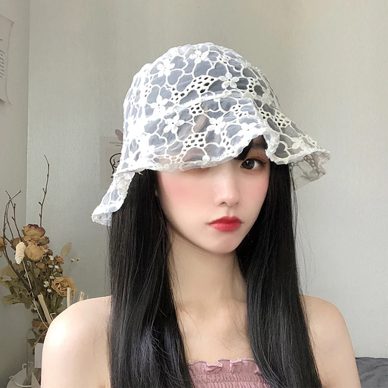 2023 New Lace Hat for Women Soft Flower Wide Brim Sun Hats Beach Hollow Summer Fisherman Hats Ladies Bucket Hat