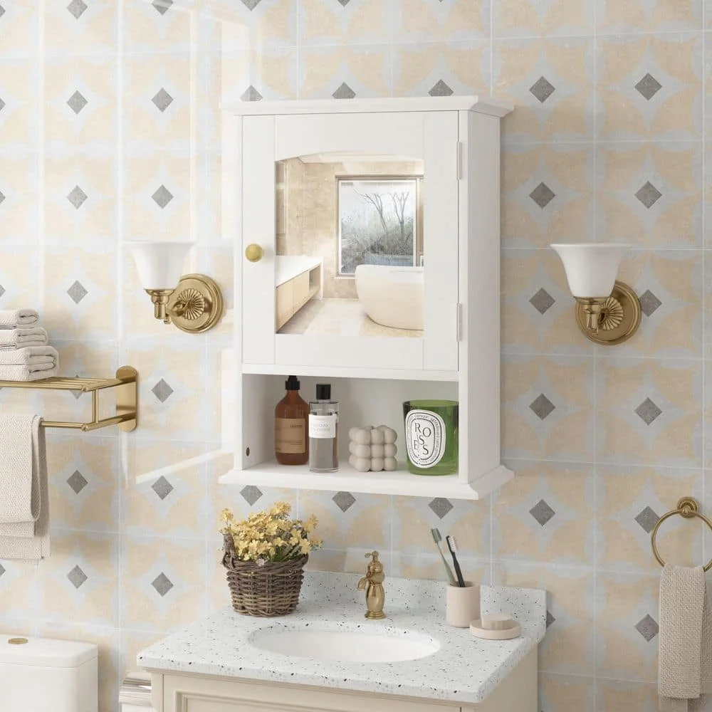 خزانة حائط مع مرآة، خزائن طبية خشبية مع باب، رف قابل للتعديل، 19.8 بوصة. ح، تخزين الحمام الأبيض