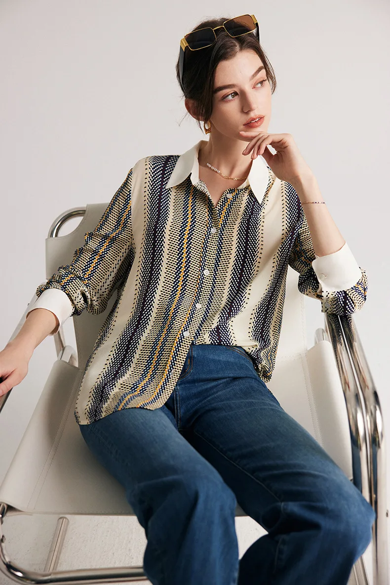 100% Natural Silk Women's Shirt Turn Down Collar Long Sleeves Printed Elegant Fashion Blouse Tops