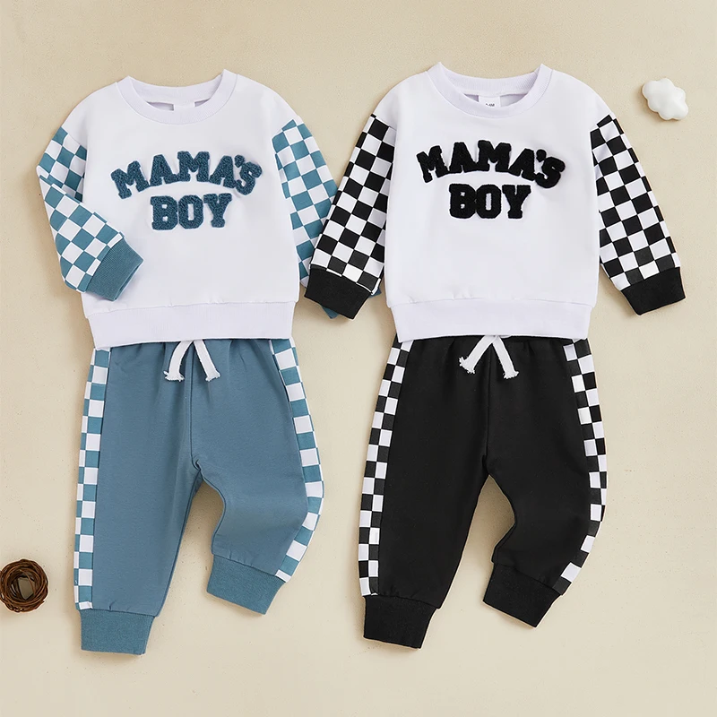 

Toddler Baby Boys Fall Outfits Fuzzy Letter Embroidered Checkerboard Long Sleeve Sweatshirts and Long Pants 2Pcs Clothes Set