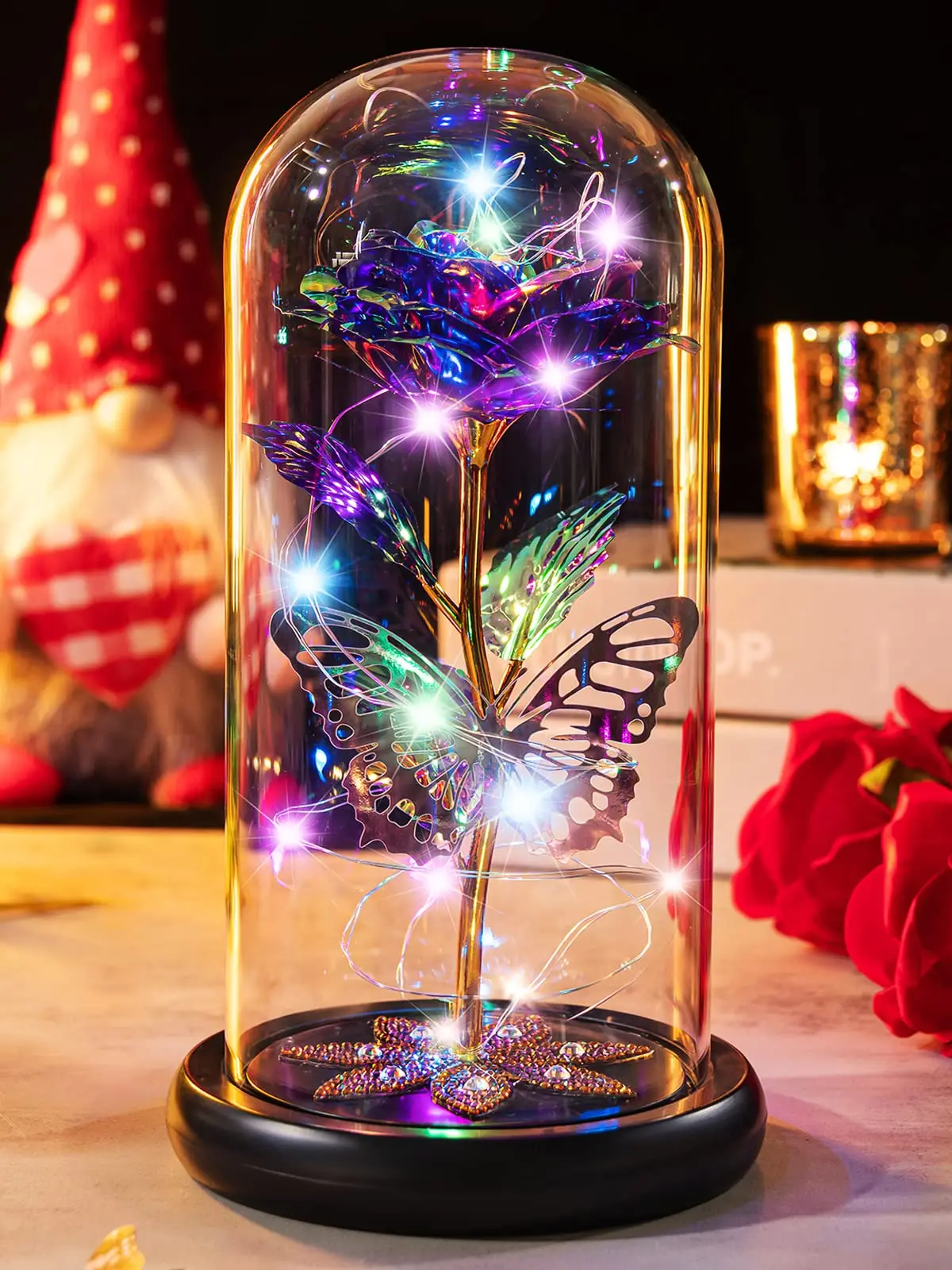 Galaxy Glass Rose Flower, Forever Eternal Crystal, Light Up Rose in Glass Dome, Birthday Gifts for Mom, Her, Grandma, Wife