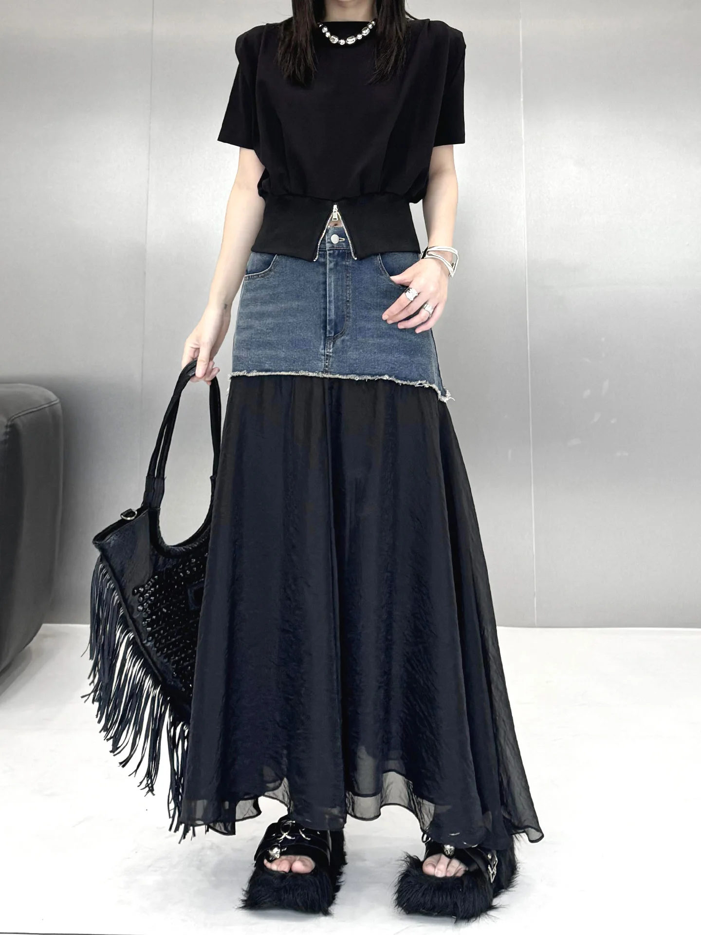 Elegant A-Line Midi Skirt with Denim Patchwork Silk Gauze Women's Summer Slimming Skirts Large Hemline High Waist Design