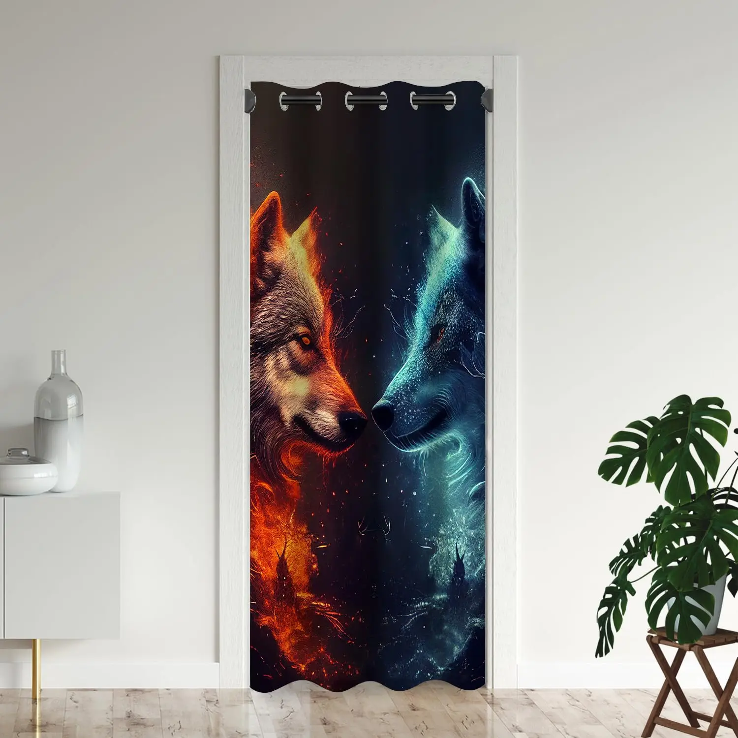 Fantasy Wolf Magic Animal Print Door Curtains Doorway Doors Drapes Cover Grommet Insulated Curtain for Boys Bedroom Cafe Kitchen