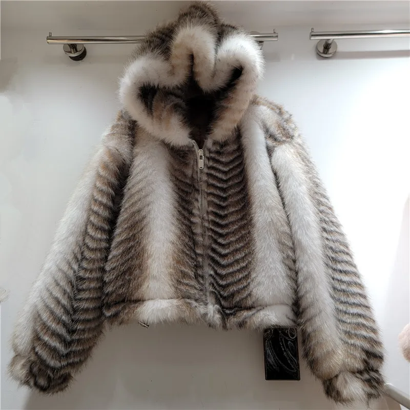 Clothland Women Elegant Hooded Fur Jacket Long Sleeve Zipper Animal Pattern Female Loose Thick Coats CB402