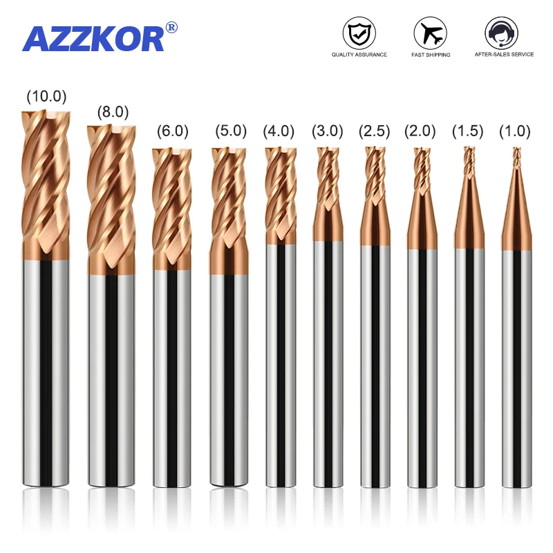 AZZKOR HRC55 4-Flute 10 Piece-set Tungsten Steel Carbide Alloy Coating Flat Milling Cutter CNC Mechanical Machining Endmill Tool