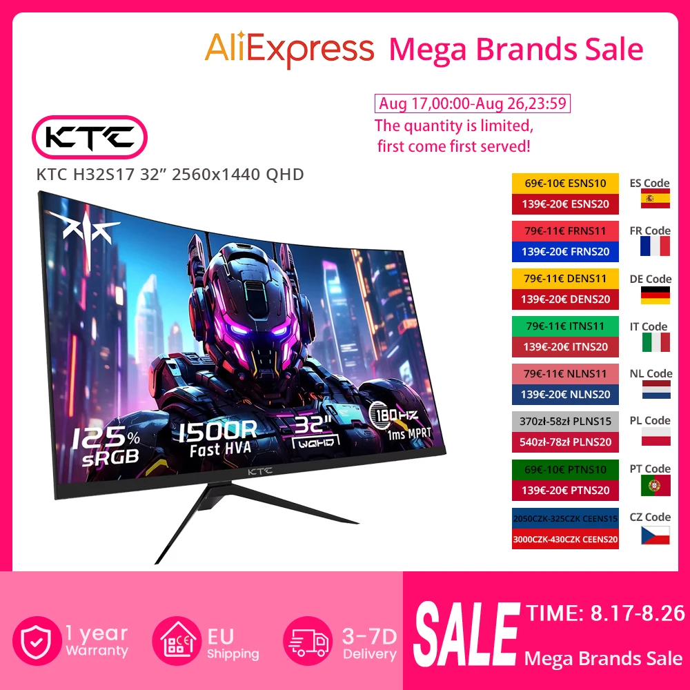 KTC H32S17 32 Zoll 1500R Curved Gaming Monitor 2560x1440 QHD 180Hz 16:9 ELED 99% SRGB HDR10 1ms MPRT Reaktionszeit Low-Blue-Technologie Kompatibel mit FreeSync und G-SYNC USB HDMI2.0 2xDP1.4