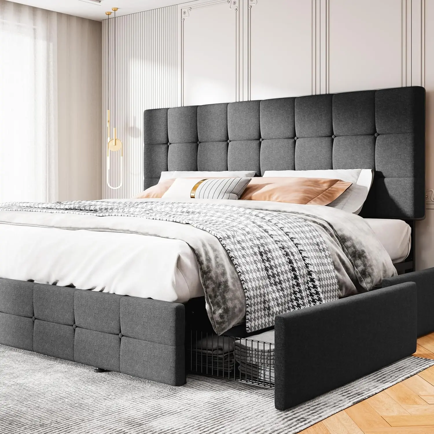 King Size Bed Frame with 4 Storage Drawers, Upholstered Platform Bed with Adjustable Square-Stitched Headboard