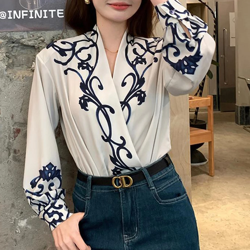 

design sense positioning printing cross v-neck one-piece top women's autumn new versatile temperament elegant shirt