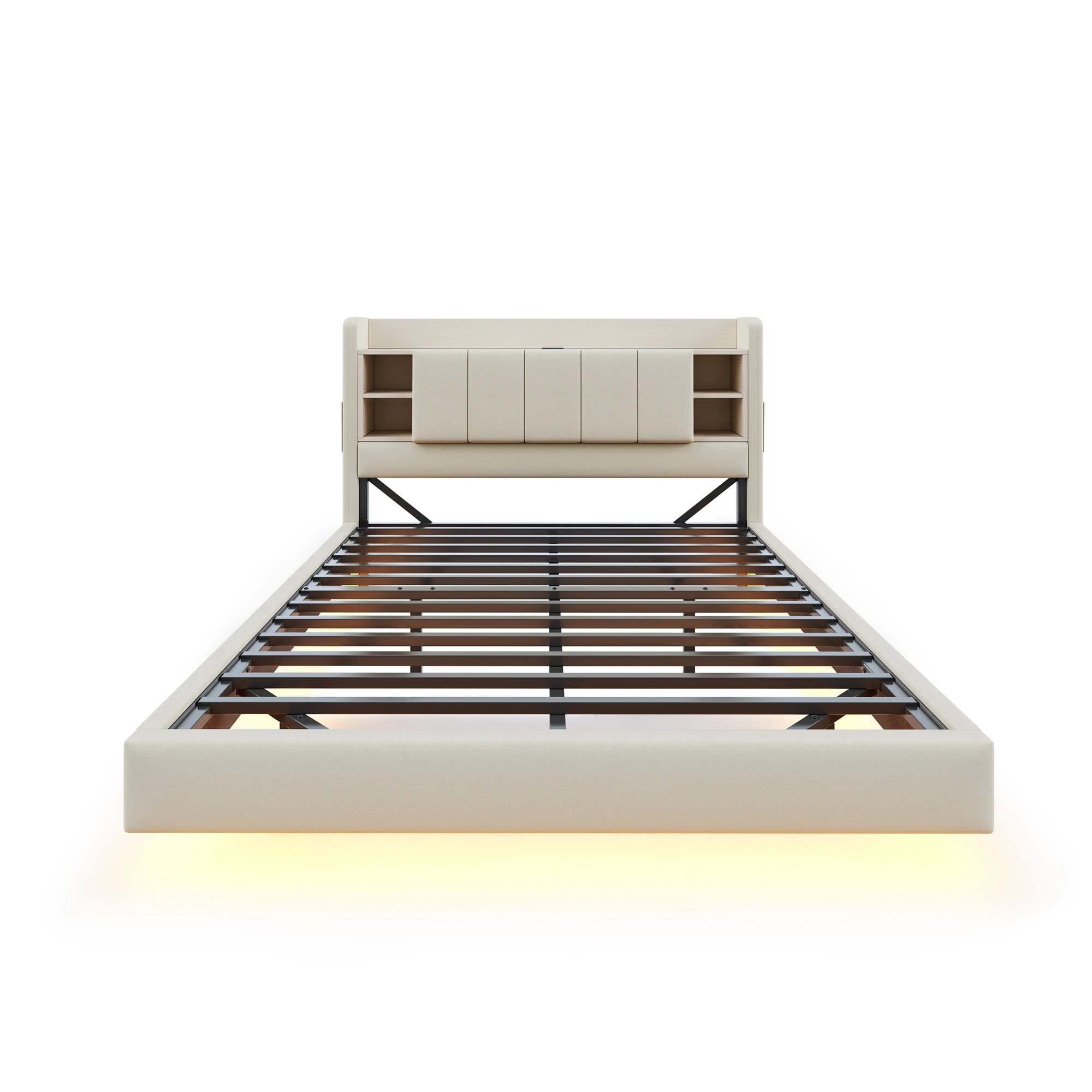 KOMHTOM Linnen stoffen bekleding bed Tweepersoonsbed met stabiel metalen frame USB-aansluiting Lichtbalk en verstelbaar hoofdeinde - afbeelding 1
