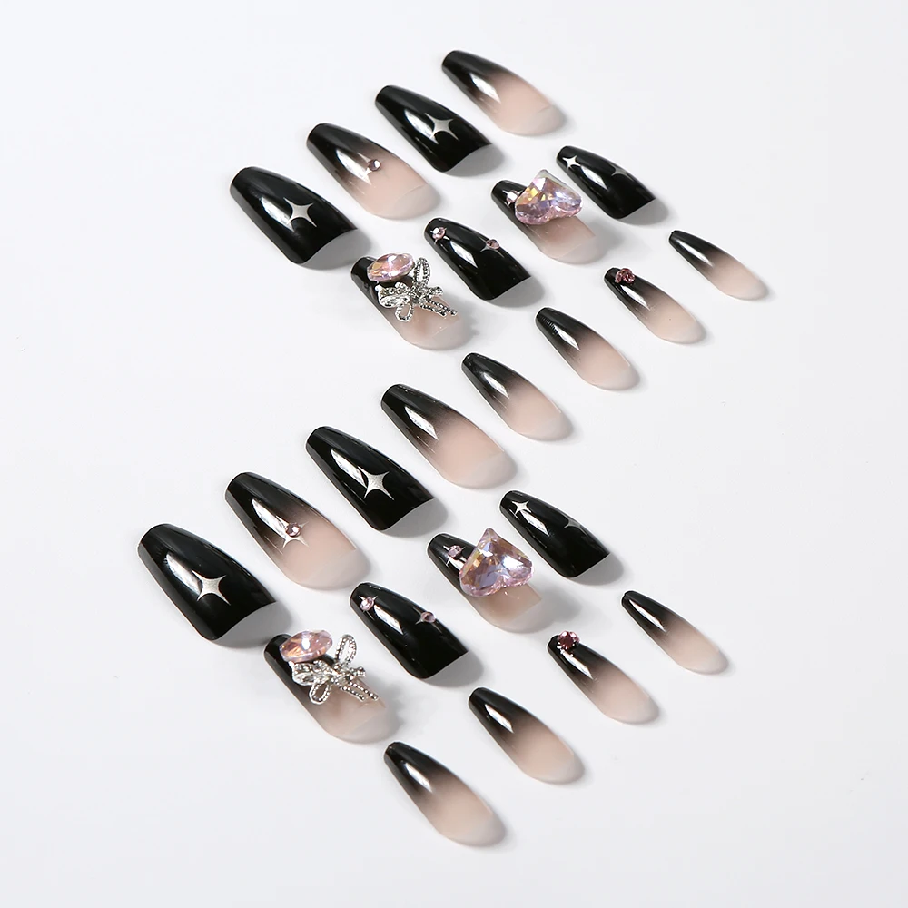 24pcs/box black press on nail tips 3D Heart Bow Rhinestone Y2k Long Ballet Fake Nails Full Cover Wearable Glossy DIY False Nails