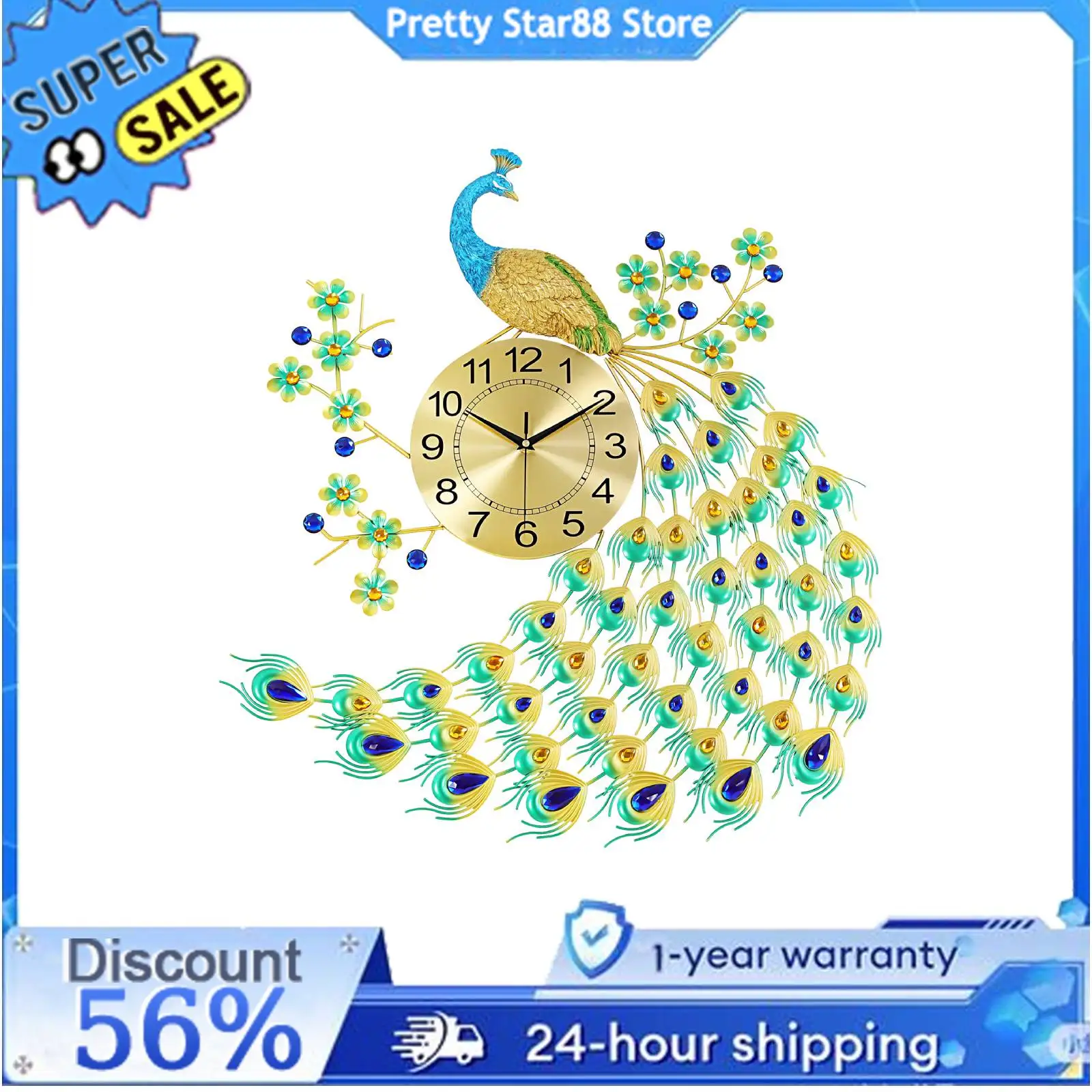 

Exquisite Retro Decorations Peacock Wall Clock 70*65cm for Decorating Living Room and Dining Room Special Gift