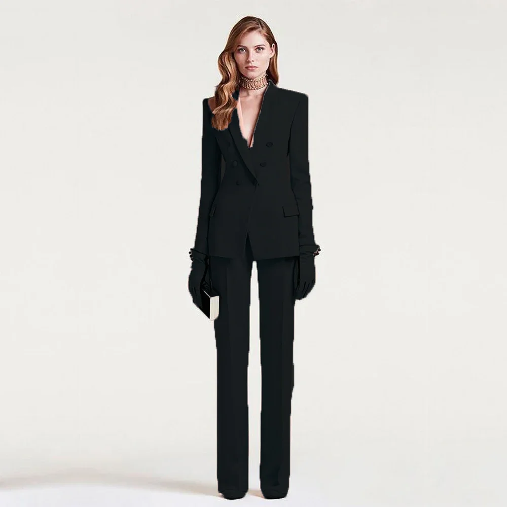 Chic Solid Pants Sets Elegant Peak Lapel Double Breasted Outfits Casual Office Lady Formal 2 Piece Women Suits Blazer with Pants