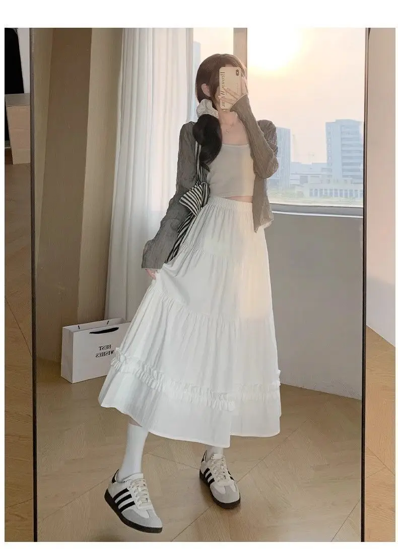 

Белая юбка А-силуэта с завышенной талией, весна-осень 2026, новая модель, утягивающая, пышная, кружевная, многоярусная, маленький размер, женская юбка