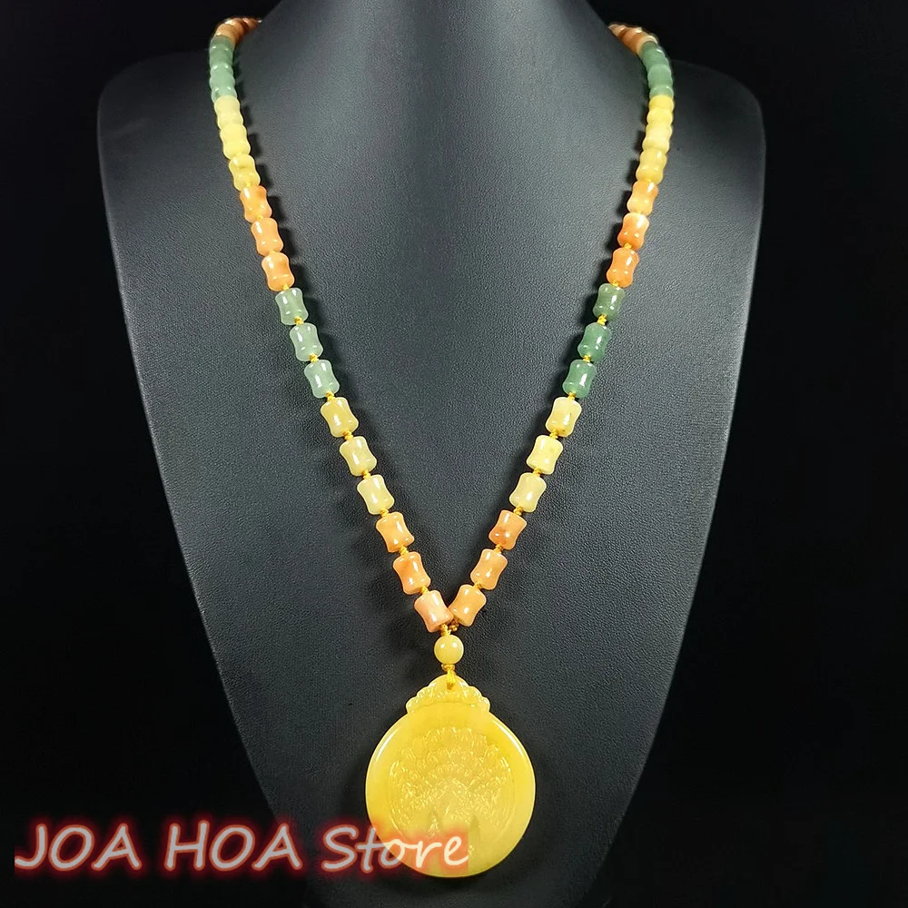 

Hetian Gebi Golden Silk Jade Pendant Peacock Sweater-Chain Red Yellow Green Slub Beads Necklace Chain Jewelry Fine Hewelry