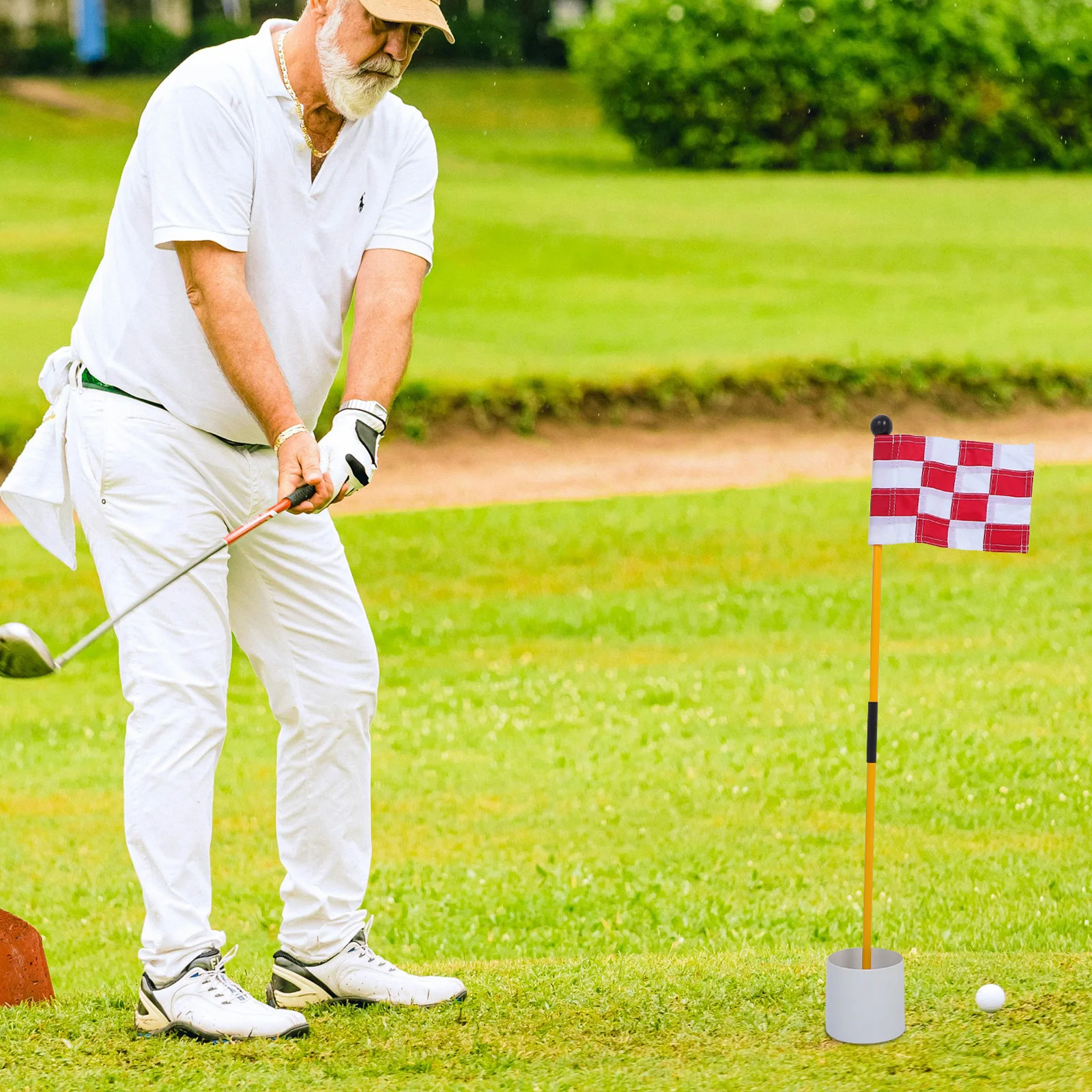 

Golf Flag Golfing Flagpole and Flag Set Plaid Nylon Vibrant Visibility ABS Fiberglass Outdoor Indoor Practice Tool