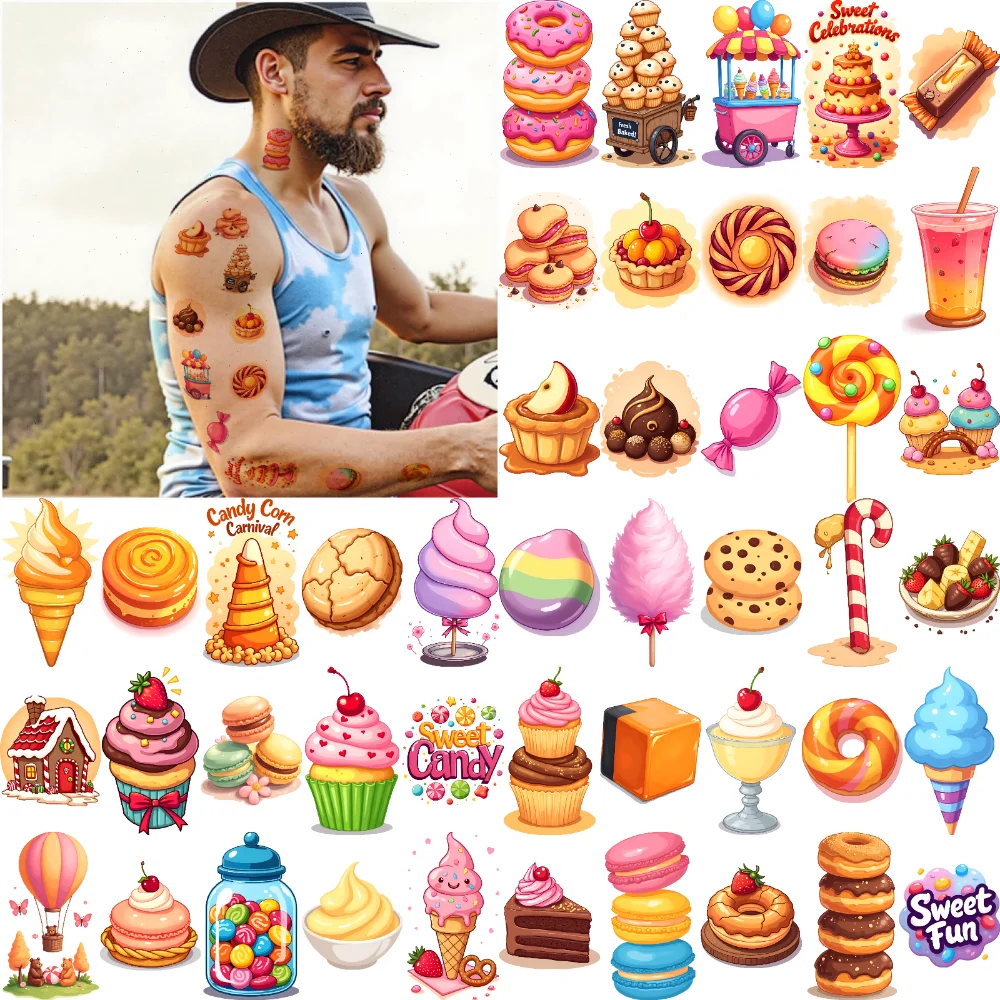 

63pcs Temporary Tattoo Cotton Candy Temporary Tattoo Stickers Donut Cake Cartoon Sweet Candy For Cheeks Men