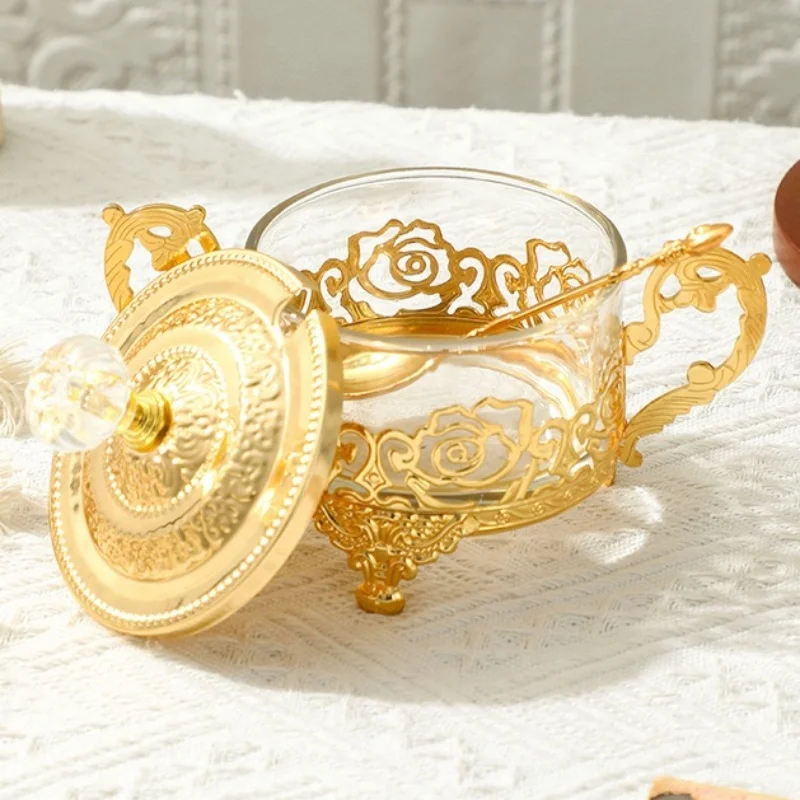 Golden Iron European Style Spice Jar, Home Kitchen Supplies Glass Sugar Bowl, Storage Sealed Jar Cream Organizer, Kitchen
