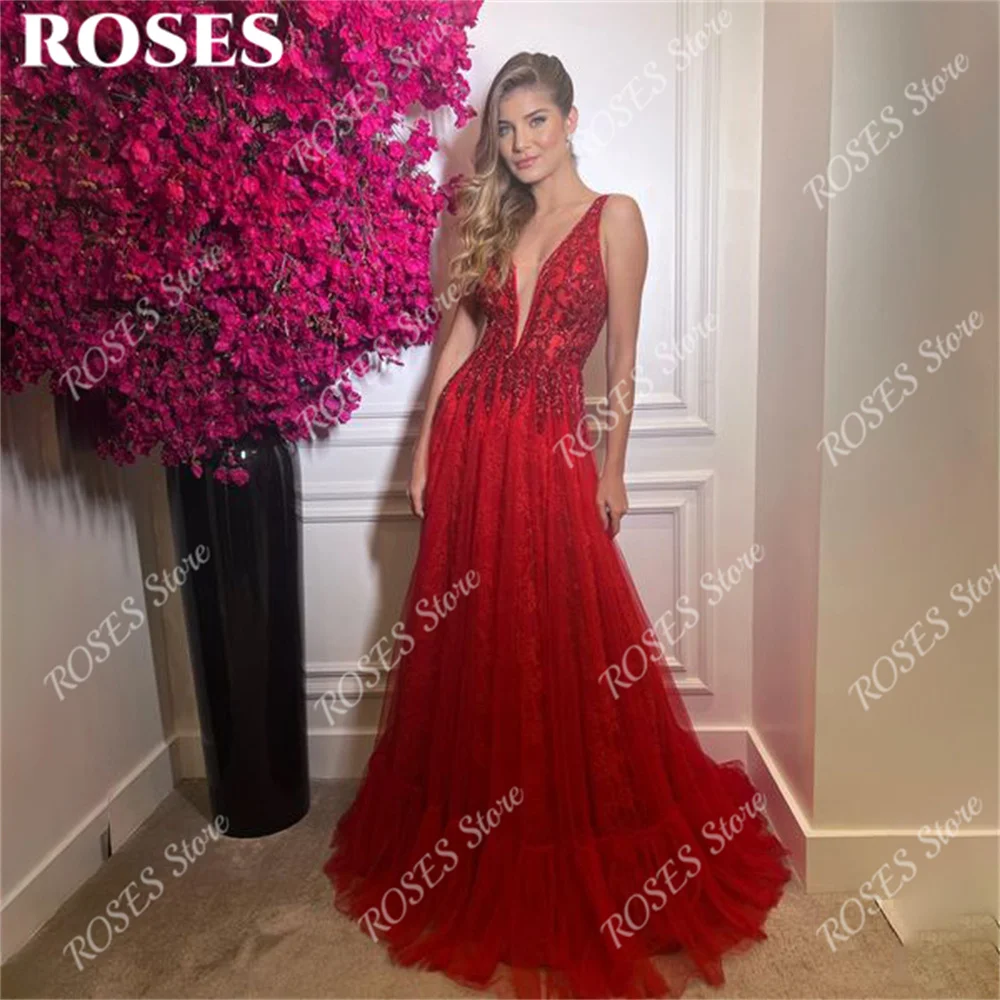 

ROSES Spaghetti Strap V Neck Prom Dress Beading Celebrity Dress Sequin Women Evening Dress Tulle Formal Gown Custom Size 프롬 드레스