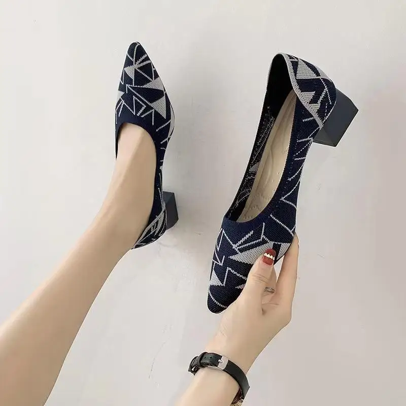 Large women\'s high-heeled shoes Fashion pointy beautiful pattern square toe shoes Heel rubber anti-skid shoes New 2023