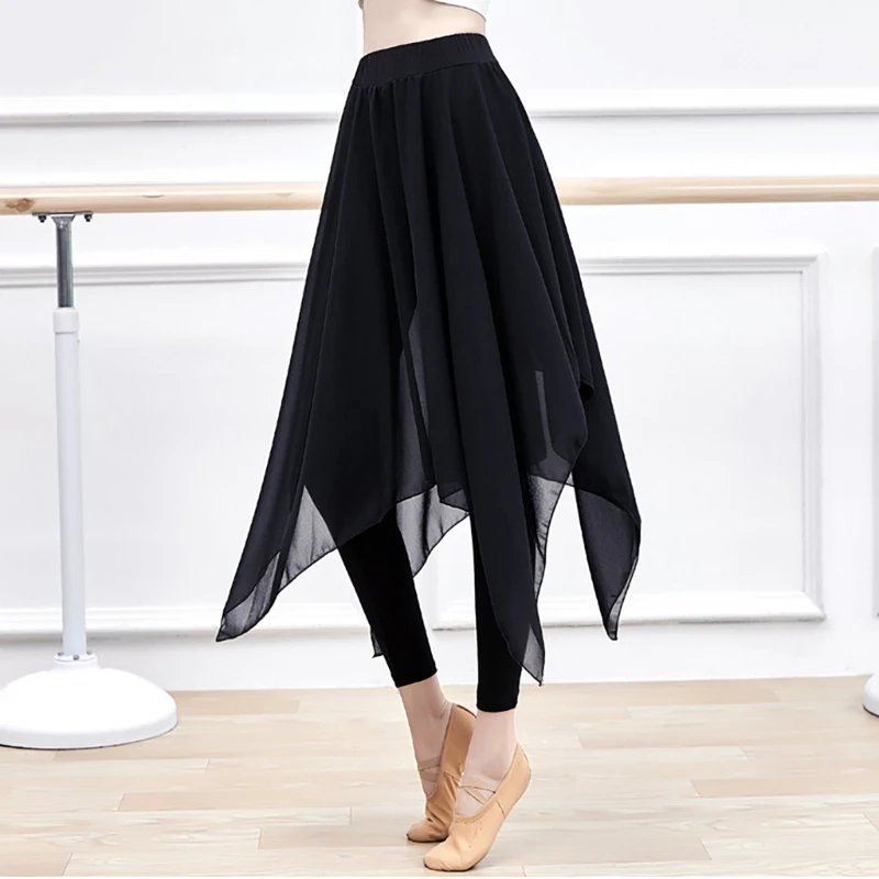 Fashion Faux Layered Skirt Trousers 2 In 1 Elastic Waist Irregular Swing Long Skirt with Leggings Dance Outfit for Women