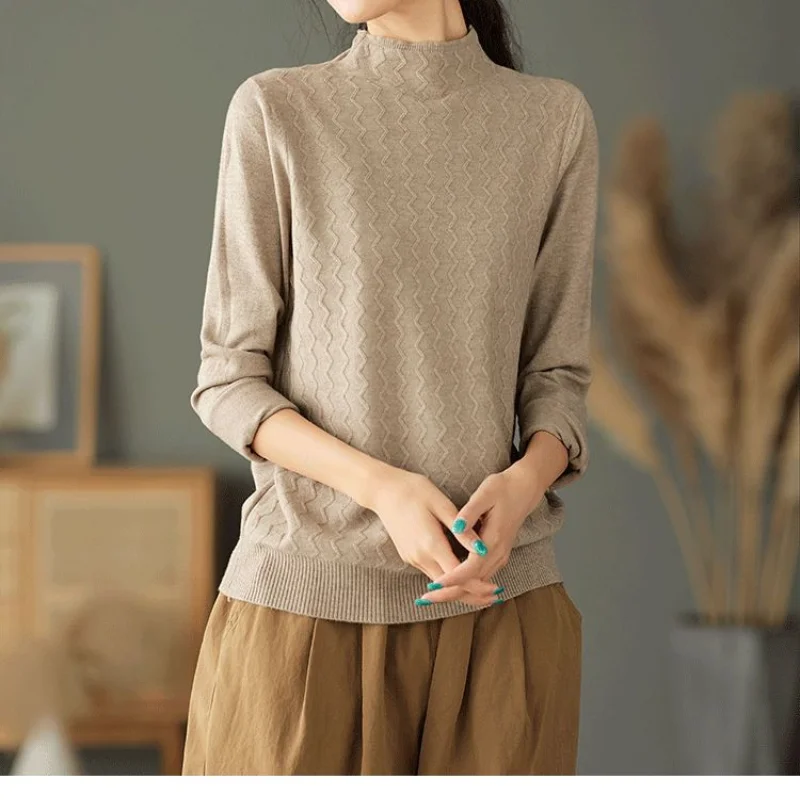 Fashion Retro Elegant Temperament Women's Top Autumn and Winter New Half High Neck Long Sleeve Solid Color Versatile Pullover