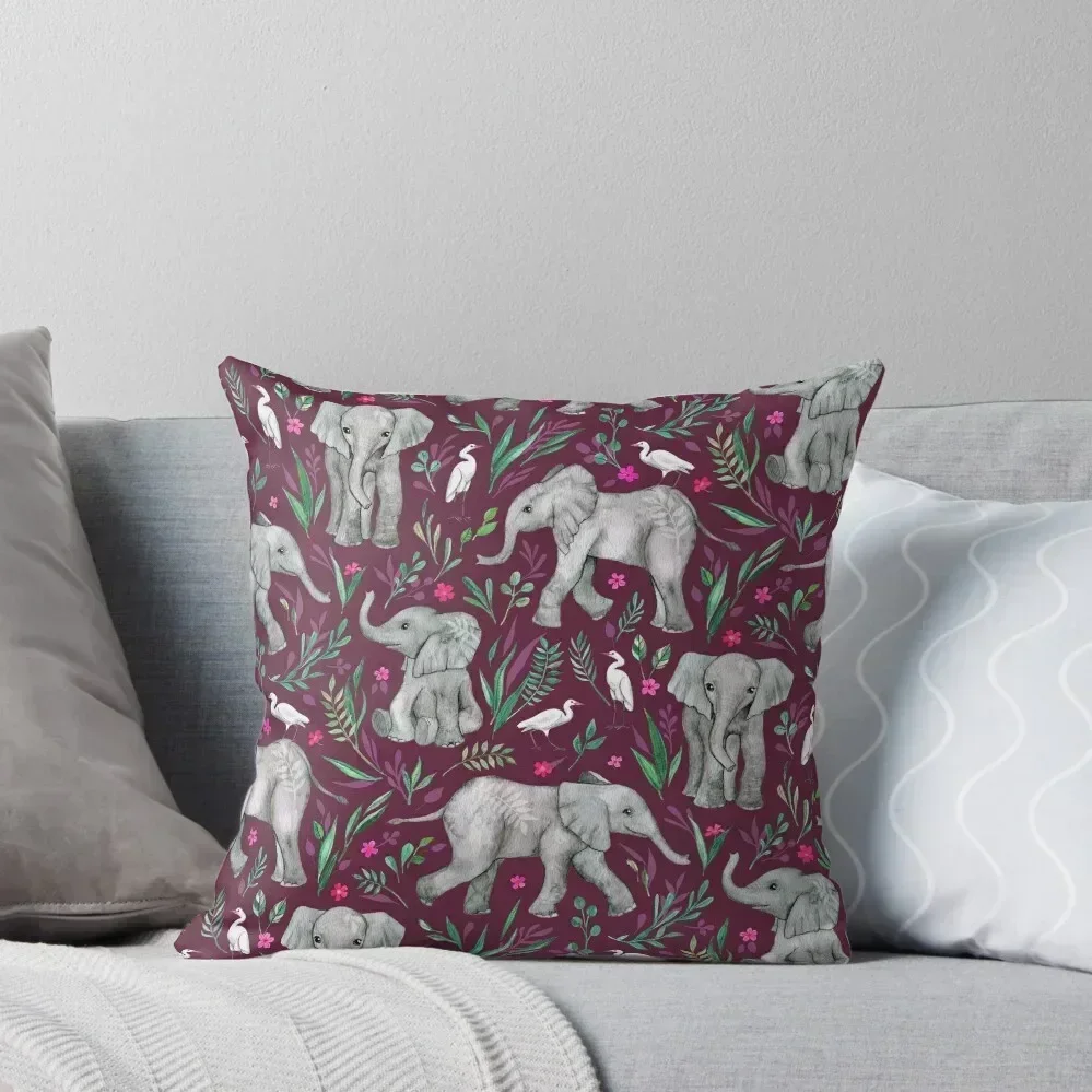 Baby Elephants and Egrets in Watercolor - burgundy red Throw Pillow Custom Cushion Decorative Sofa Cushion pillow