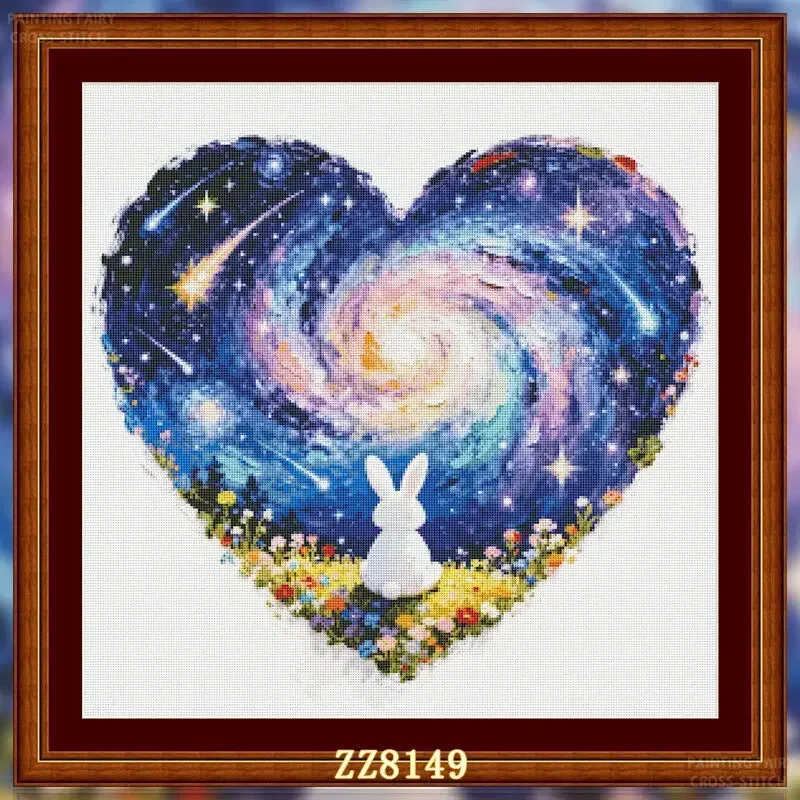 [[zz8149-starry sky wishing rabbit] Stamped Cross Stitch Kit 11/14/16/18CT Printed Canvas Cotton Floss DIY Embroidery Wall Decor