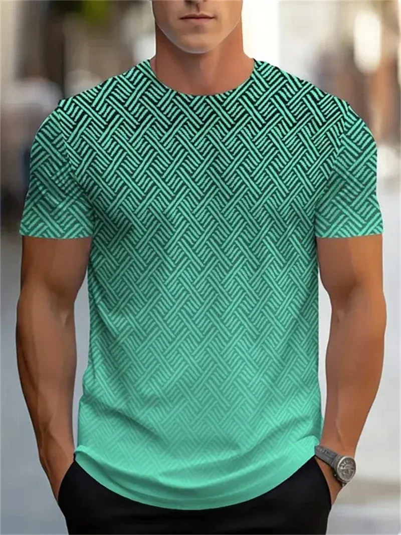 Men's Green Gradient Geometric Pattern T Shirt Short Sleeve Crew Neck Casual Summer Top