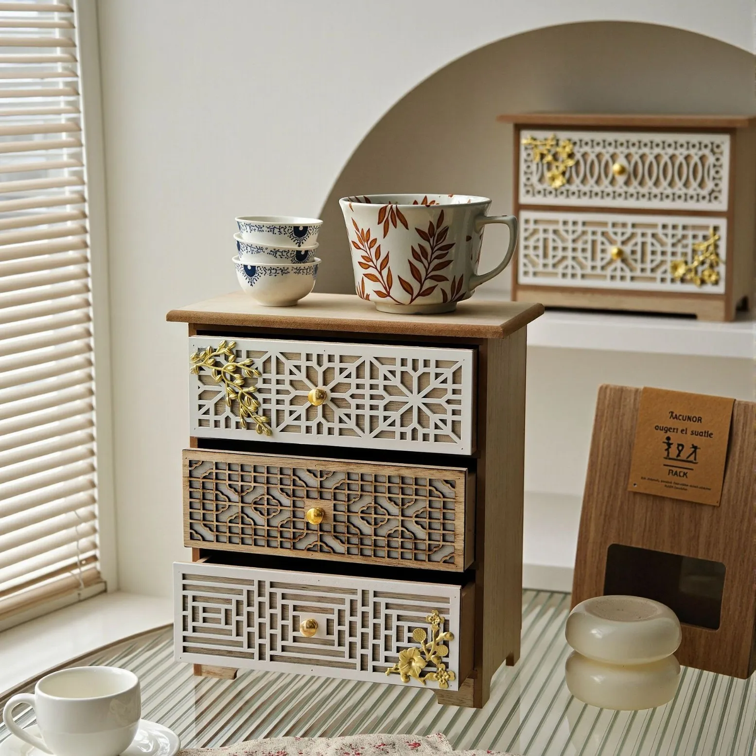 Wooden retro carved openwork desktop storage cabinet with drawers