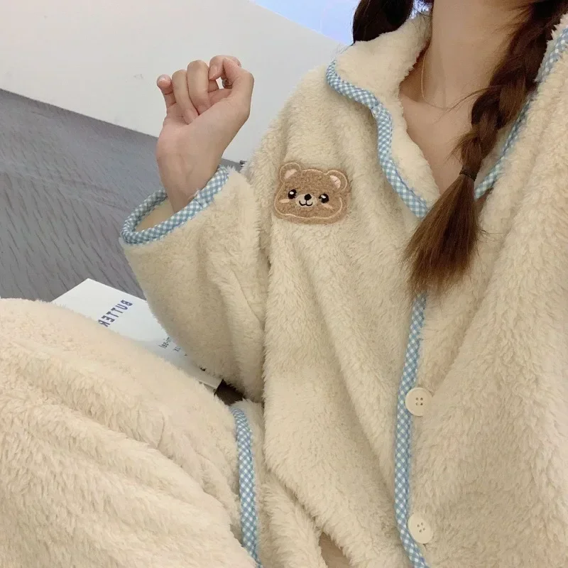 2023 New Flannel Pajamas Women Autumn Winter Homewear Plus Thicken Coral Velvet Warm Household Clothing Suit V-neck Loungewear